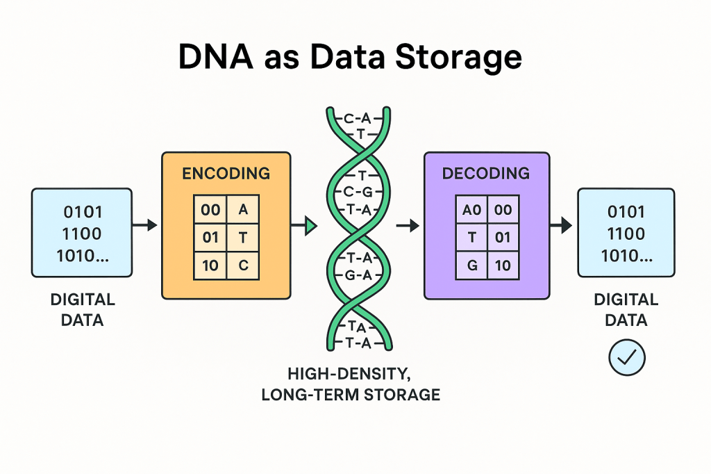 Diagram illustrating DNA as a data storage medium, showing the encoding and decoding process of digital data into DNA format, highlighting high-density and long-term storage capabilities.