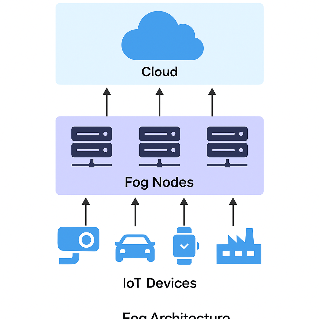 Diagram illustrating the architecture of cloud, fog nodes, and IoT devices for fog computing.
