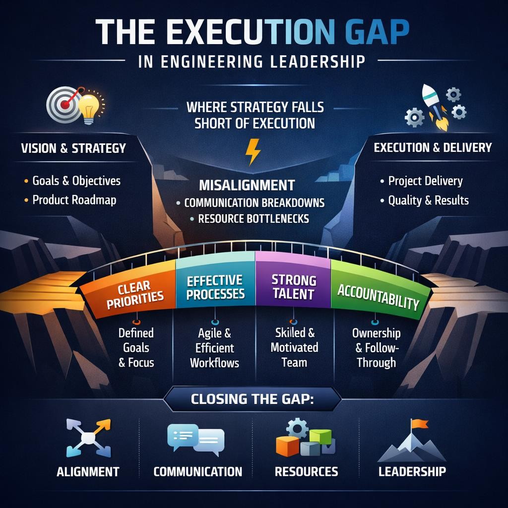 Diagram showing alignment, communication, resources, and leadership bridging vision and strategy with execution and delivery in engineering leadership.