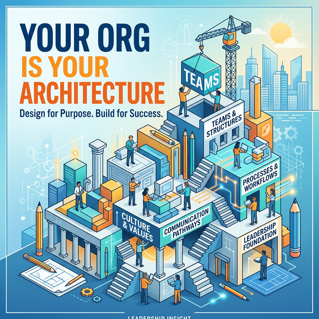 Conceptual illustration of organizational architecture including teams, structures, processes, culture, communication, and leadership.
