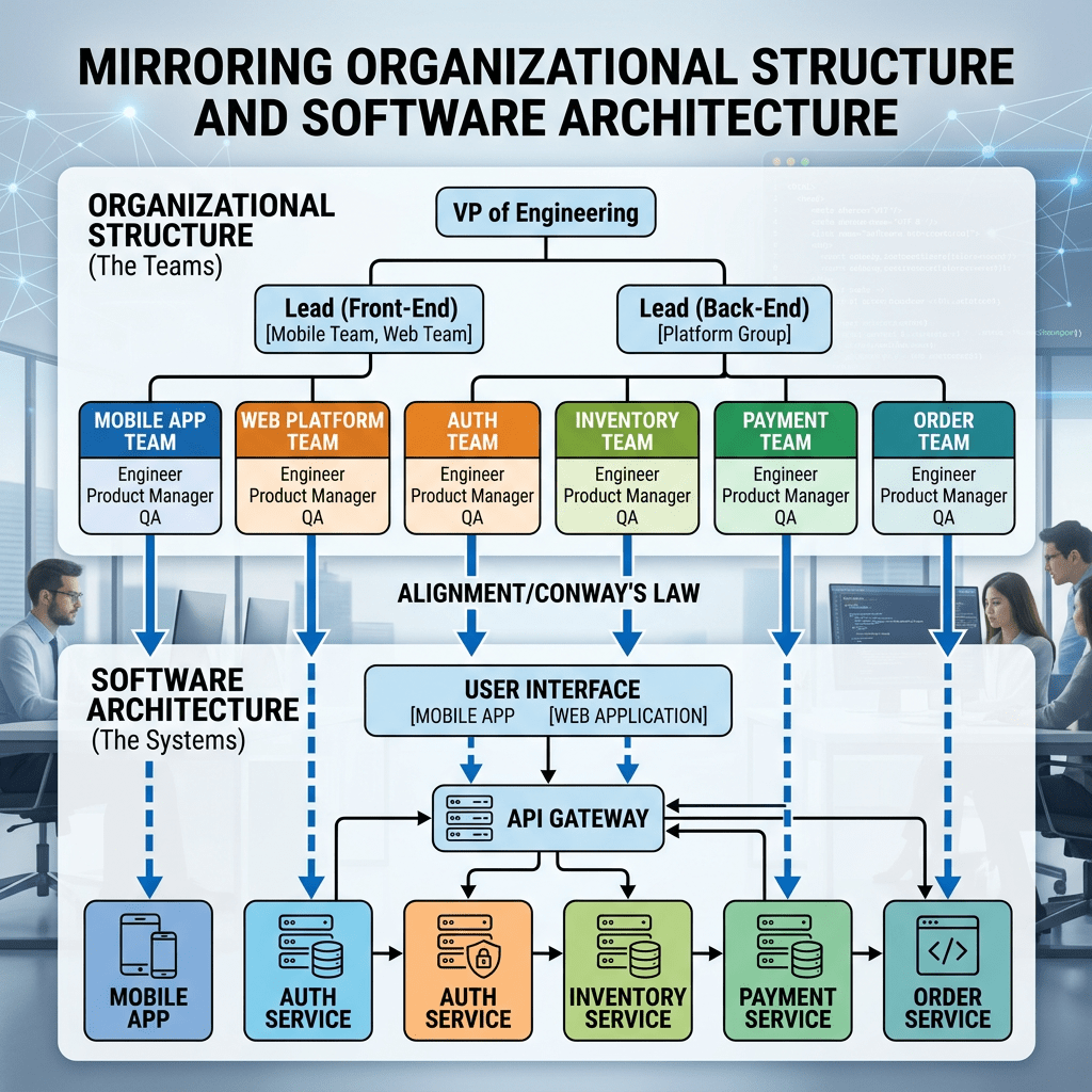 Diagram showing organizational teams and corresponding software architecture components