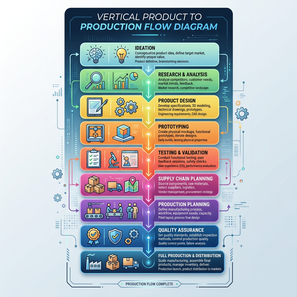 Diagram showing stages of product production flow from ideation to full production and distribution