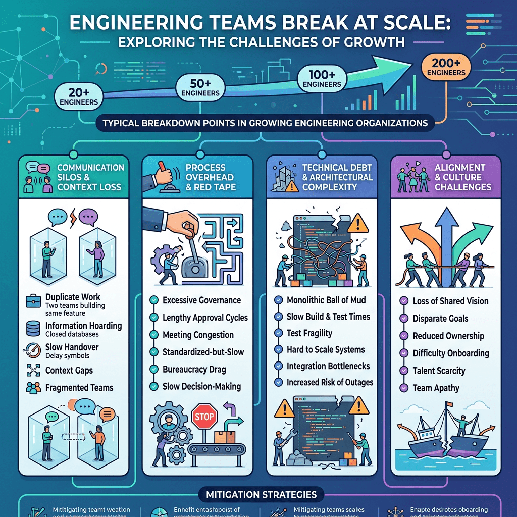 Challenges for engineering teams including communication silos, process overhead, technical debt, and culture issues