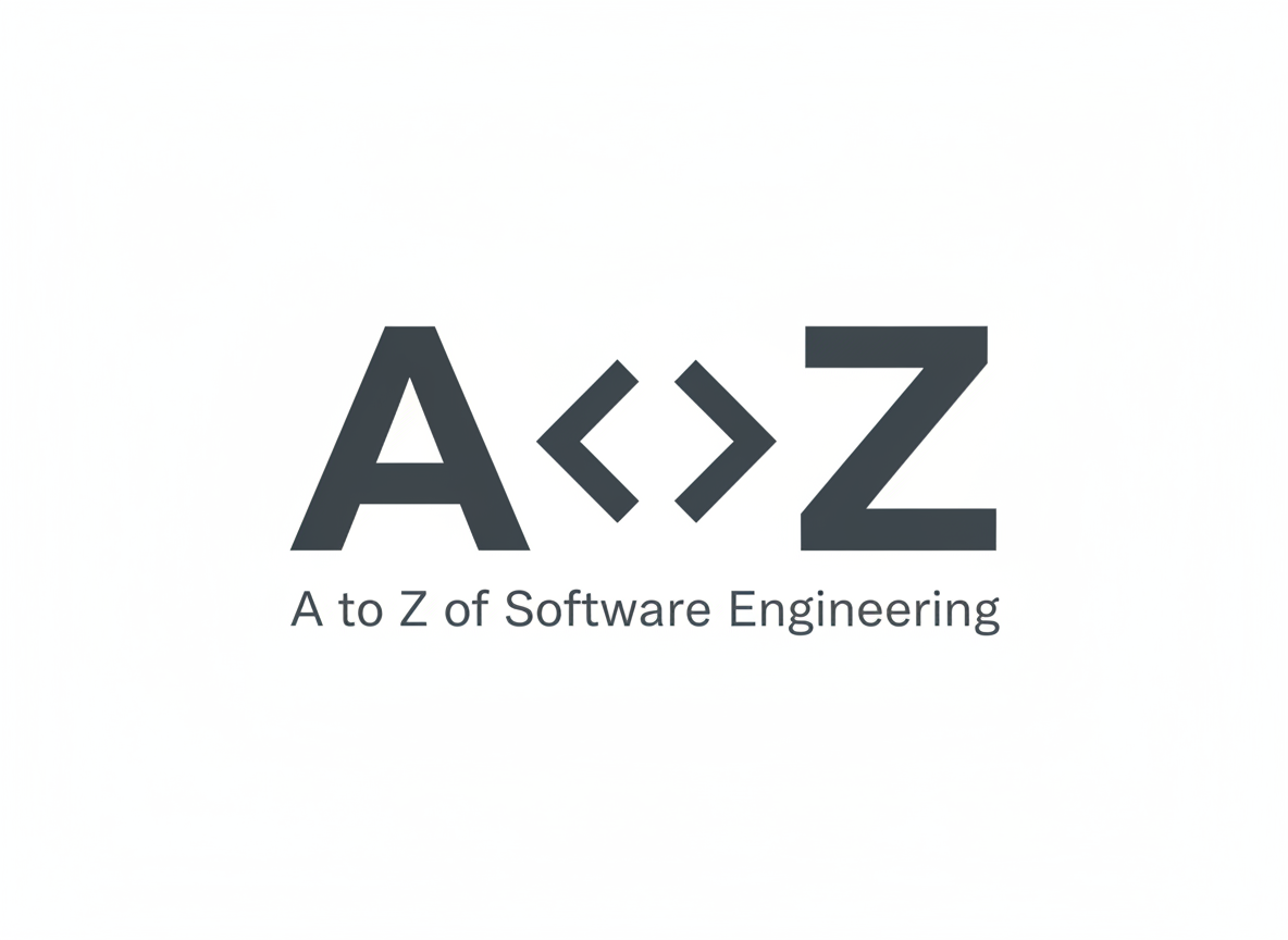 A modern, minimalist logo for a website called 'A to Z of Software Engineering'. Clean geometric sans-serif letters 'A Z' separated by simple angle brackets '< >' to suggest code, flat design, no background, vector-style, high contrast, suitable for website header.