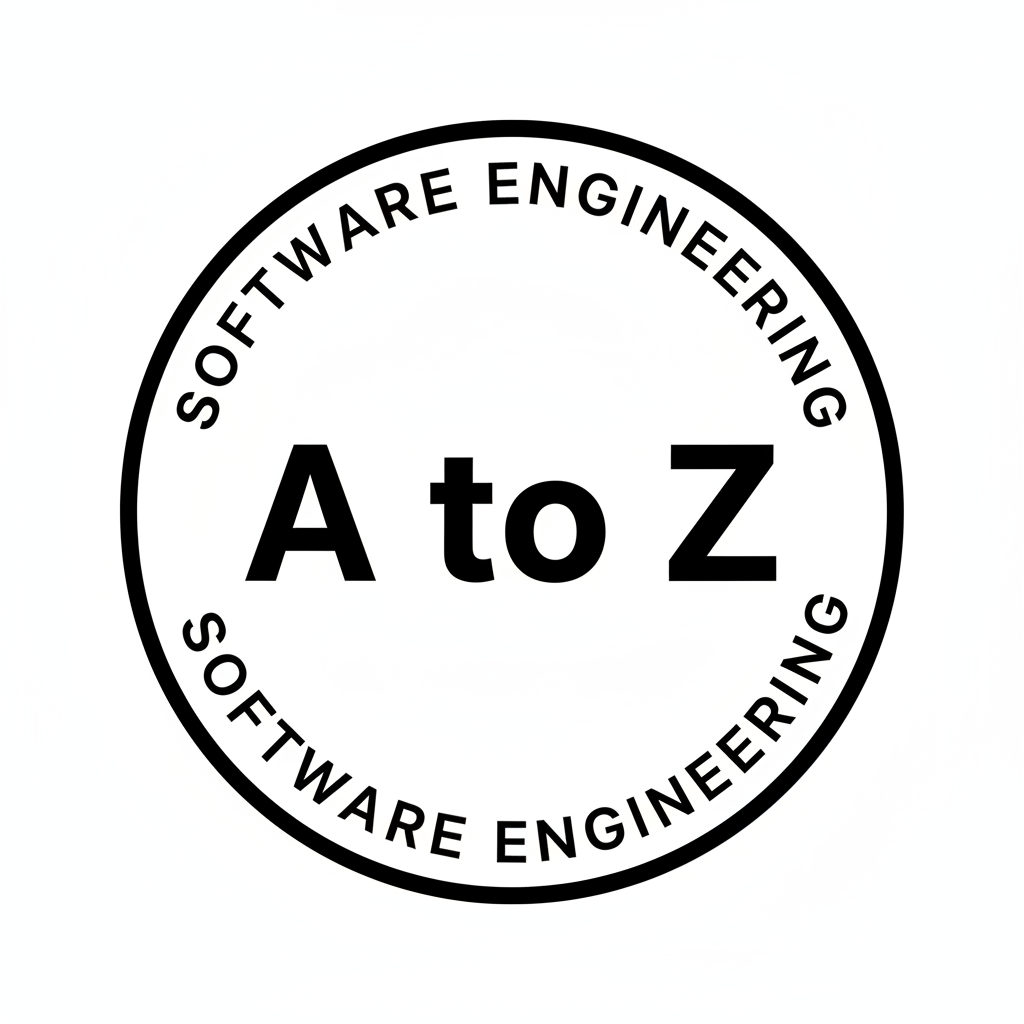 Flat, minimalist black-and-white circular logo on a transparent background. In the center of the circle, set the text "A to Z" in a bold, modern sans-serif font similar to the current logo (Montserrat/Inter style), large and clearly legible. Around the inside edge of the circle, wrap the words "Software Engineering" in a circular path so that the phrase follows the curvature of the circle, evenly spaced and balanced. Keep the overall style consistent with the existing logo: clean lines, no gradients or shadows, simple black text on white circle with transparent outside background.