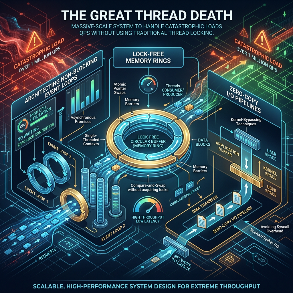 The Great Thread Death: Architecting Non-Blocking Event Loops, Lock-Free Memory Rings, and Zero-Copy I/O Pipelines Under 1M QPS Catastrophic Load 🚨 #ServerSide #BackendEngineering #SystemDesign #DistributedSystems #SoftwareArchitecture #HighPerformance #LowLatency #Java #Rust #NodeJS